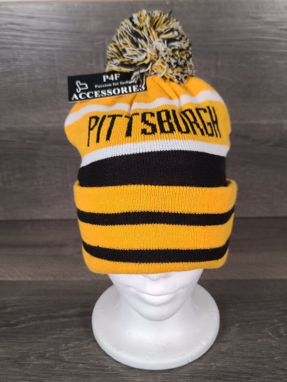 New Passion For Fashion Pittsburgh Knit Black and Yellow Stocking Cap With Pom